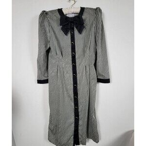 Vintage Papell Petites Houndstooth Midi Dress 12P Black Bow Collar Button Up 80s